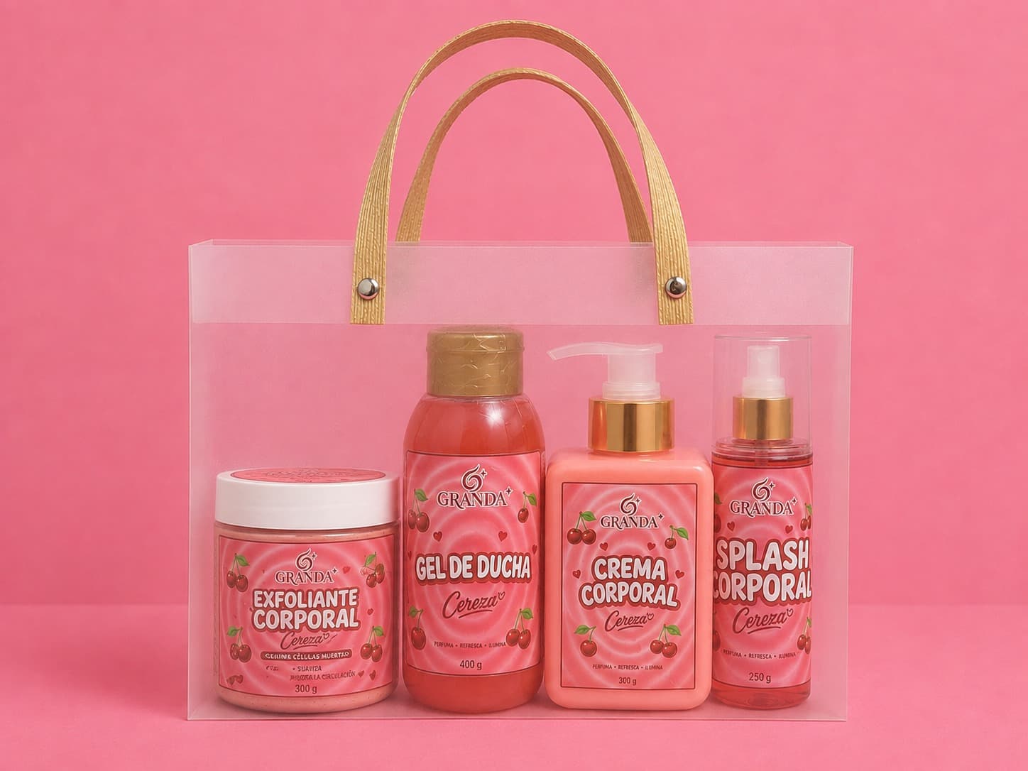 Kit Ritual Cereza con cuatro productos corporales y bolso transparente.